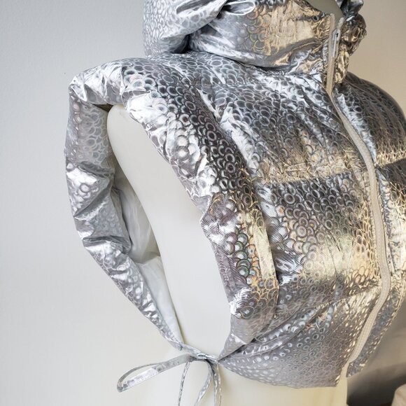 Silver Shine Holographic Crop Puffer Vest Rave Gem Y2K Style Zip + Side Strings - Picture 3 of 12
